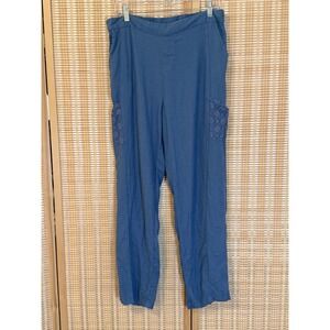 Naturals D & Co. Womens M Linen Blend Wide Leg Lace Pockets Coastal Boho Blue